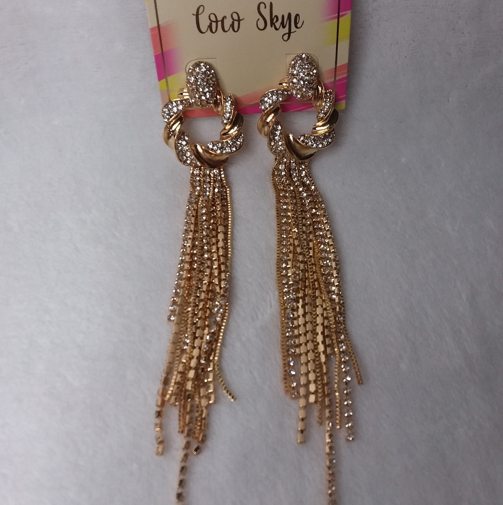 Long Multi-dangle Pierce Earrings Gold Tone Clear Rhinestones Coco Skye
